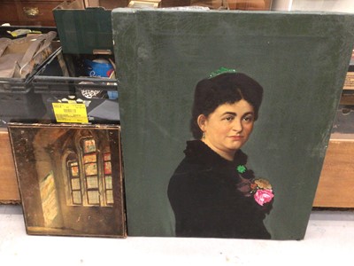 Lot 578 - Large oil on canvas portrait of a woman, together with an oil on canvas of a church interior