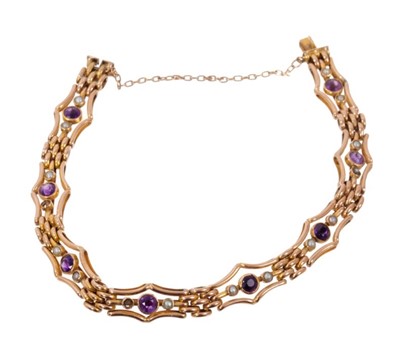 Lot 477 - Edwardian 9ct rose gold amethyst and seed pearl bracelet