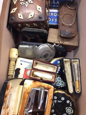 Lot 390 - Box of sundries to include smoking related items, compacts, old spectacles, watch case etc