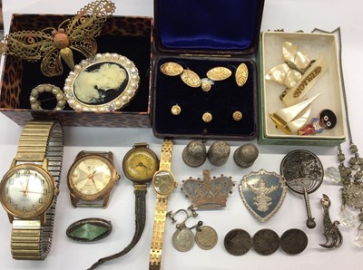 Lot 749 - Costume jewellery including silver brooches, cased set of gold plated cufflinks and studs, three silver thimbles, vintage wristwatches etc