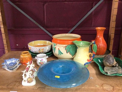 Lot 501 - Dresden vase, pickle leaf dishes, Burleigh ware bird handle jug, blue glass bowl and other ceramics