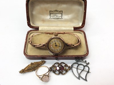 Lot 716 - 9ct gold rose quartz ring, Victorian brooches and 1930s ladies 9ct gold wristwatch