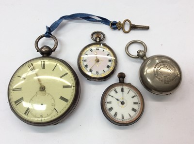 Lot 717 - Silver cased Greenwich pocket watch, silver fob watch, one other and a plated sovereign case