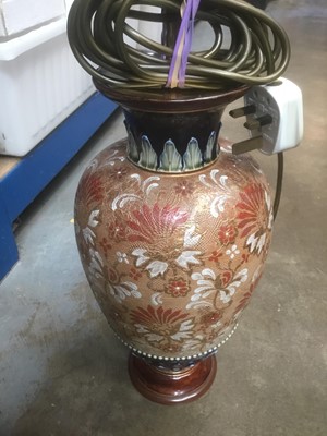 Lot 232 - 19th century porcelain vase converted to a table lamp, Doulton vase table lamp two further lamps