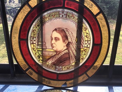 Lot 60 - Victorian stained glass circular panel, painted depicting a portrait of Queen Victoria, dated 1887, commemorating the Golden Jubilee, approximately 31cm diameter