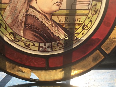 Lot 60 - Victorian stained glass circular panel, painted depicting a portrait of Queen Victoria, dated 1887, commemorating the Golden Jubilee, approximately 31cm diameter