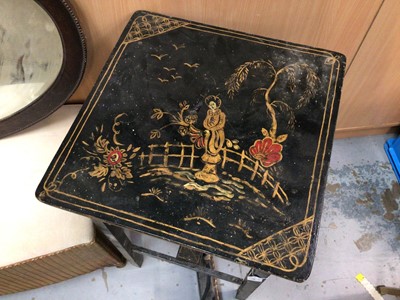 Lot 870 - Chinoiserie black lacquered side table with square top H74, W46cm, chinoiserie fender together with a Lloyd Loom ottoman and three wall mirrors