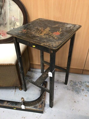 Lot 870 - Chinoiserie black lacquered side table with square top H74, W46cm, chinoiserie fender together with a Lloyd Loom ottoman and three wall mirrors