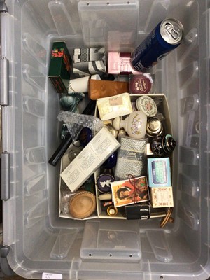 Lot 35 - Three boxes of sundries, including lace, silver plate, vintage toiletries, scales, et