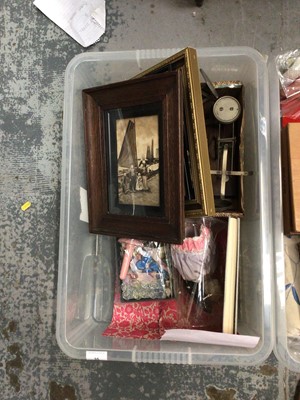 Lot 35 - Three boxes of sundries, including lace, silver plate, vintage toiletries, scales, et