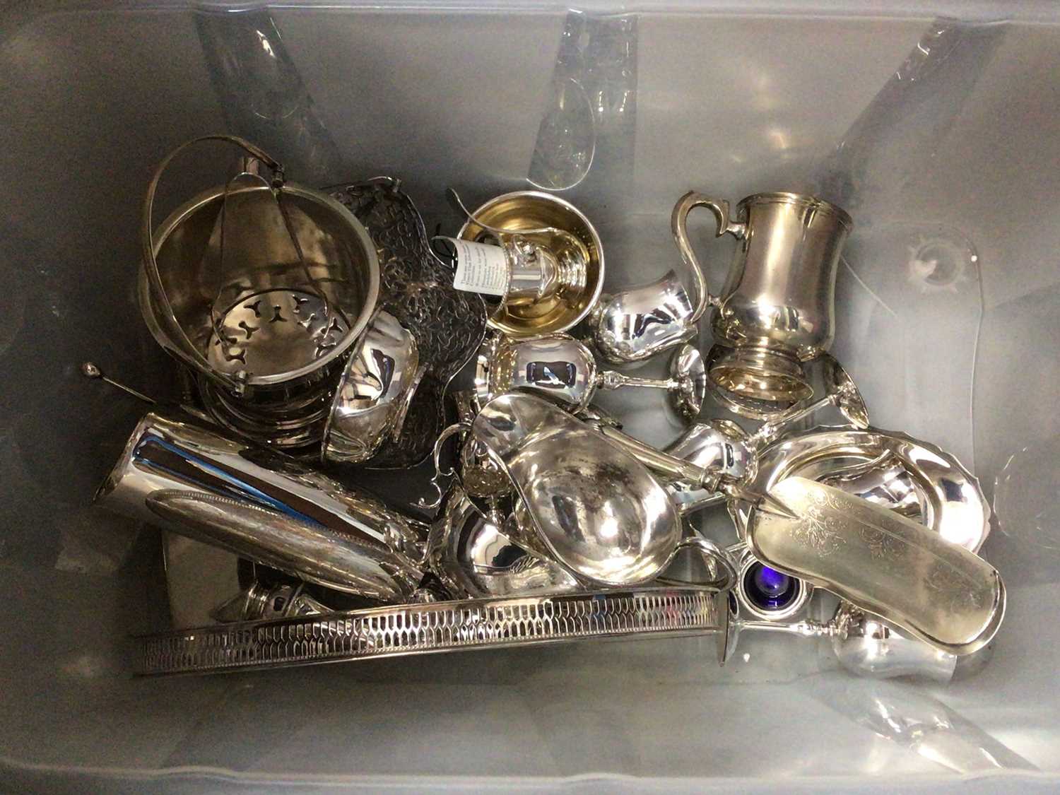 Lot 36 - Box of silver plate, including an ice bucket and tongs, sauceboats, etc, together with other metal wares