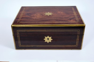 Lot 791 - Good quality Victorian gentlemen's rosewood and brass bound vanity box with original fitted cut glass bottles with silver plated fittings