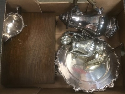 Lot 235 - Small collection of silver plate items including bone handles oak cased cutlery set, circular tray and sauce boat
