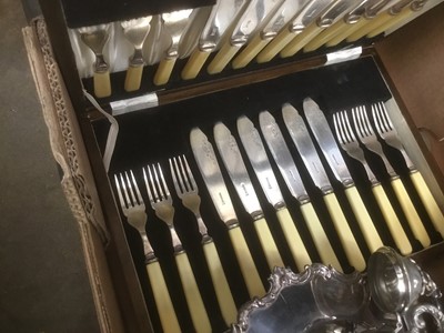Lot 235 - Small collection of silver plate items including bone handles oak cased cutlery set, circular tray and sauce boat