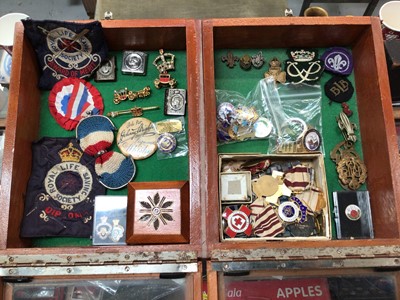 Lot 704 - A small glass topped two drawer cabinet containing Royal Commemorative badges and pins