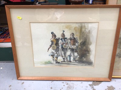 Lot 40 - Late 19th century French chalk study of a life drawing class, a North African watercolour, and a pair of prints of North African subjects (4)
