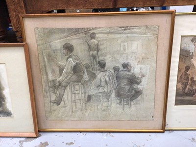 Lot 40 - Late 19th century French chalk study of a life drawing class, a North African watercolour, and a pair of prints of North African subjects (4)