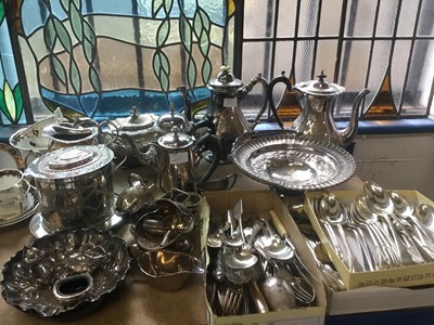Lot 210 - Quantity of silver plated ware to include three piece tea set, other tea and coffee pots, biscuit barrel and flatware