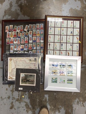 Lot 45 - Players Association footballers cigarette cards, together with other cards in a glazed frame, reproduction map and other pictures