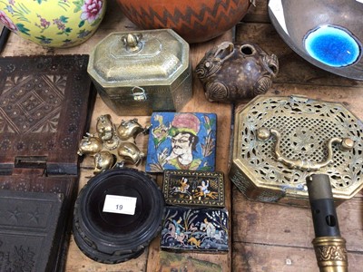 Lot 19 - Quantity of Eastern items, including Chinese porcelain, three carved gourds, Persian tile and snuff boxes, Chinese tea brick, brassware, book stand, etc