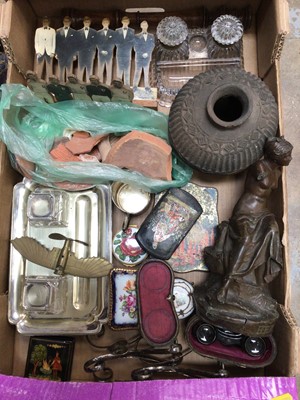 Lot 50 - Box of sundry items, including a 19th century spelter figure of Hebe, ancient pottery vessel and fragments, brass trench art plane, antique embroidery, etc