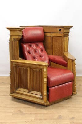 Lot 1425 - Unusual Gothic oak armchair utilising a pulpit (from Great Clacton church, circa 1920) recently upholstered in a good quality red leather with reclining mechanism, built-in reading lights etc