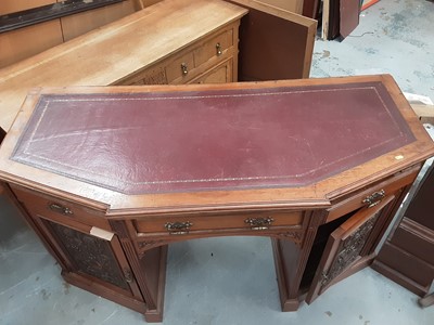 Lot 885 - Good quality late Victorian/Edwardian carved walnut kneehole desk with leather lined top, three drawers and two carved panelled doors below, 143cm wide, 61cm deep, 80cm high