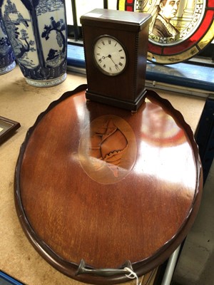 Lot 85 - Edwardian mahogany galleried tray with inlaid shell pattern, together with a mahogany mantel clock