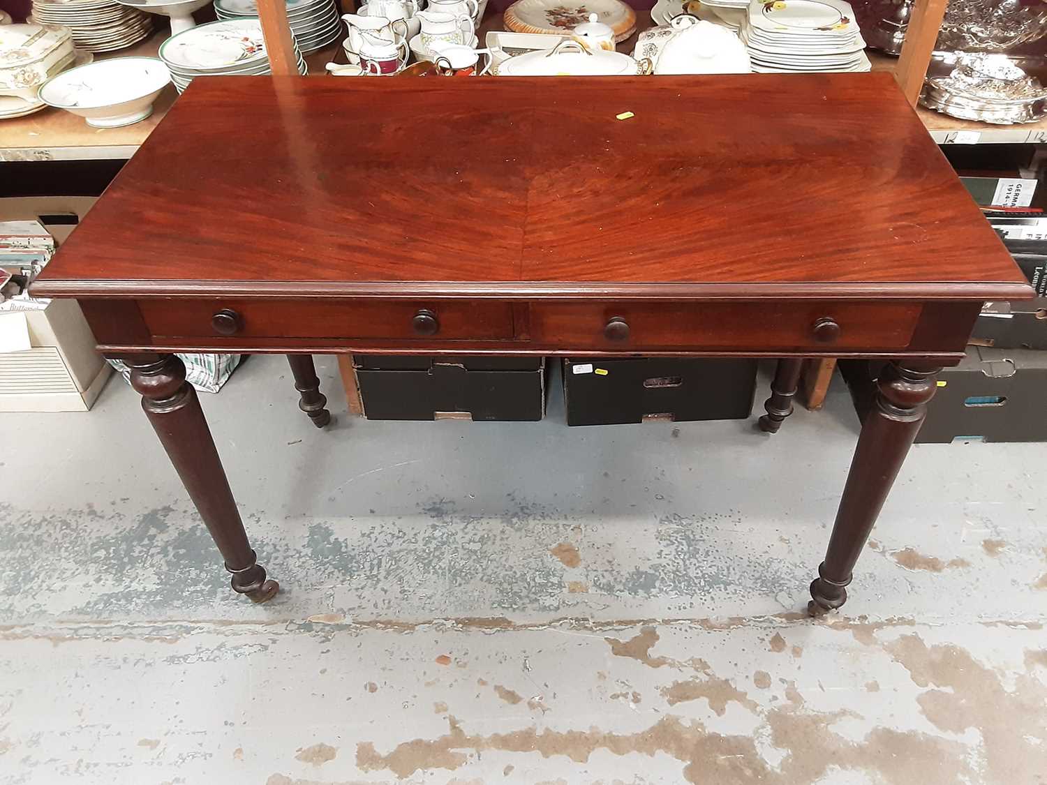 Lot 896 - Victorian mahogany writing table with two drawers on turned legs, 108cm wide, 57cm deep, 75.5cm high