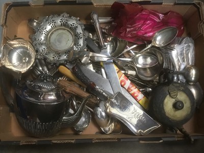 Lot 230 - Box of silver plate and cutlery including melon form teapot and various other items