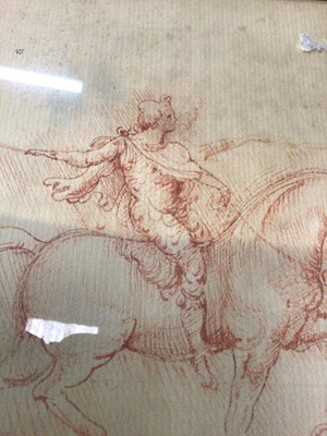 Lot 111 - Pen and ink sketch of a man riding a horse, framed and glazed
