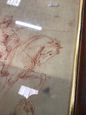 Lot 111 - Pen and ink sketch of a man riding a horse, framed and glazed