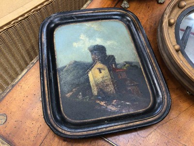 Lot 113 - 19th century toleware tray painted with a house and castle, a further toleware oval box painted with seascapes, and a gilt convex mirror