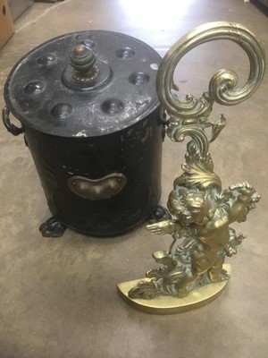 Lot 255 - Good quality Victorian brass door stop, together with an art nouveau toleware coal box