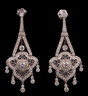 Lot 461 - Pair Edwardian style Belle Époque design diamond pendant earrings