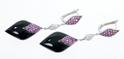 Lot 454 - Pair of diamond, black onyx and pink sapphire pendant earrings