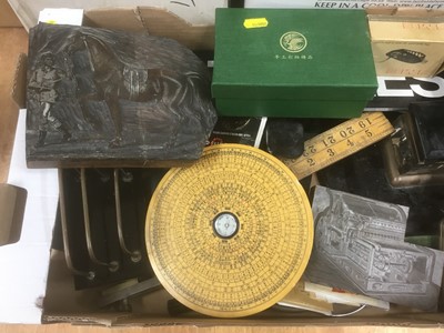 Lot 433 - Box of sundry items to include printing blocks, scientific instructions, sundries