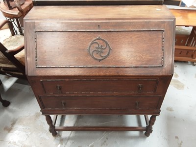 Lot 944 - Oak bureau with two drawers and beaded decoration, 87cm, 41cm deep, 100cm high