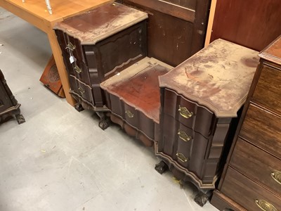 Lot 945 - South African hardwood bedroom suite comprising chest of six drawers, sunk centre dressing table, bedside chest, dressing stool, and luggage stool (5)