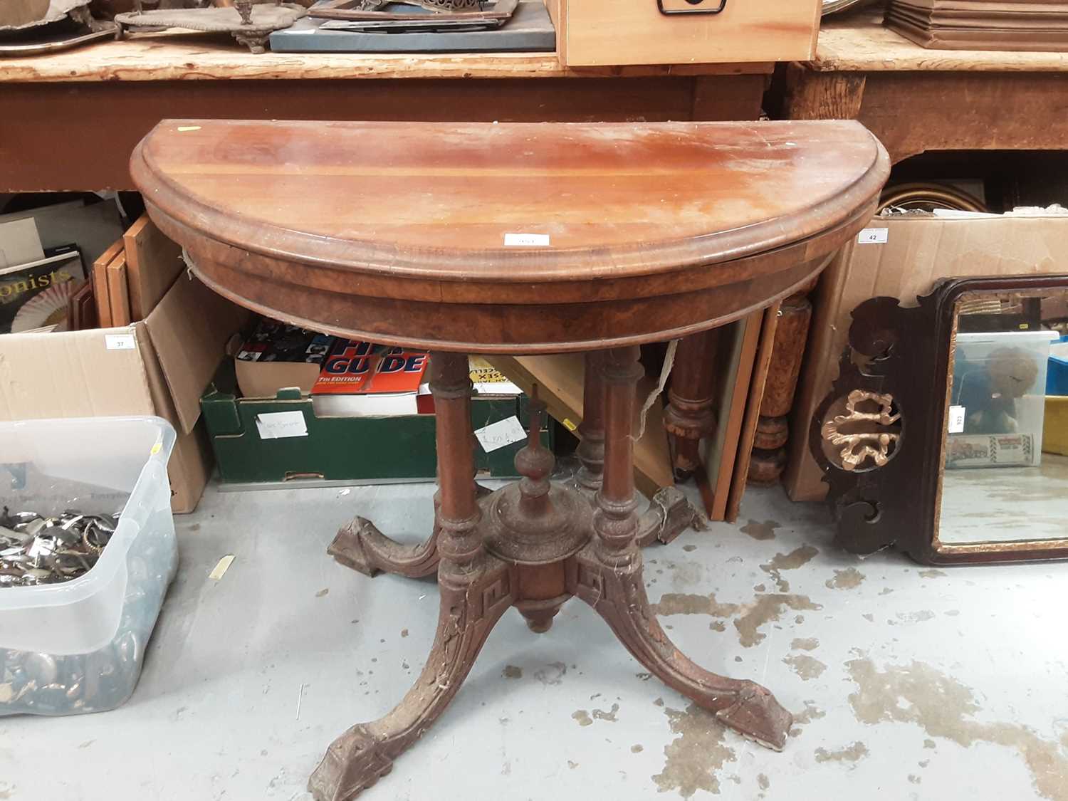 Lot 951 - Victorian demi lune tea table with fold over top, 90cm wide