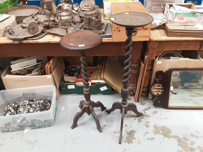 Lot 960 - Two mahogany torchères with spiral twist columns and a Victorian inlaid walnut table (3)