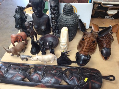 Lot 440 - Group African carved hardwood figures and animal masks