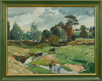 Lot 1067 - Adrian Chorley, oil on board, figures at Nayland