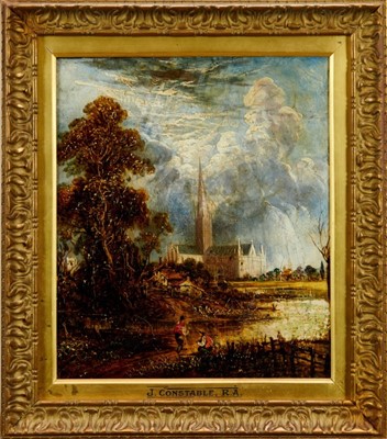 Lot 1107 - Joseph Paul oil on canvas, Salisbury Cathedral after John Constable