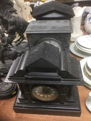 Lot 346 - Two Victorian black slate mantel clocks and a similar clock