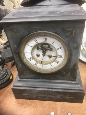 Lot 346 - Two Victorian black slate mantel clocks and a similar clock