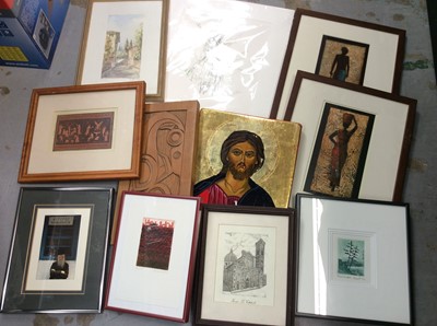 Lot 448 - Group of small pictures and prints including religious icon and carved wood panel