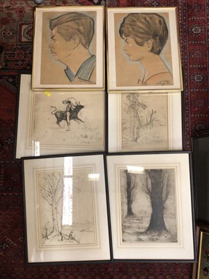 Lot 572 - Quantity of pictures and prints, including four engravings and a pair of 1960s signed chalk portraits