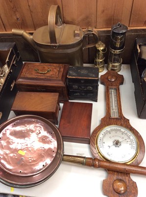 Lot 459 - Selection of wooden boxes, two brass miners lamps, brass watering, copper warming pan and an Anderoid barometer