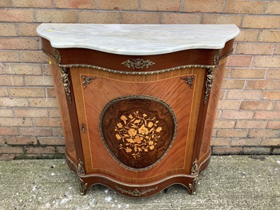 Lot 985 - French King wood pier cabinet enclosed by floral marquetry inlaid serpentine front door, with marble top and gilt metal mounts, 98cm wide, 39cm deep, 95cm high